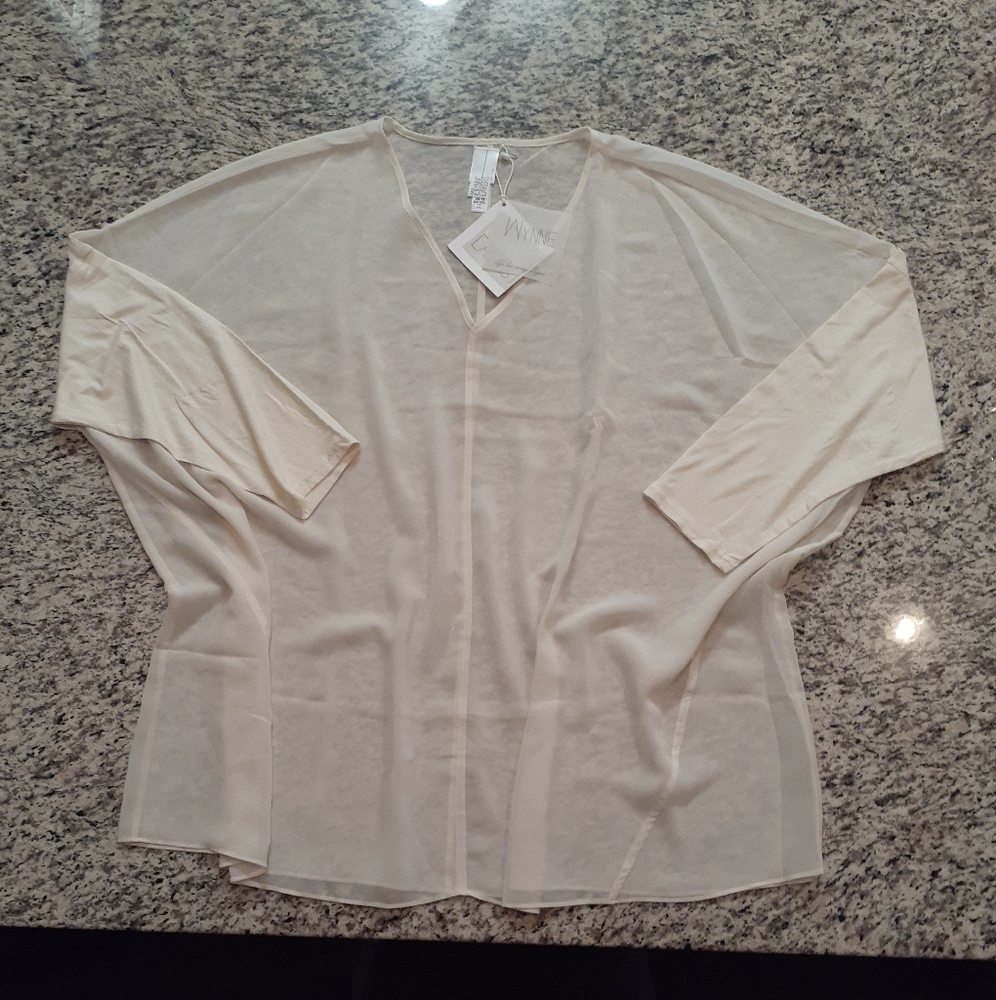 Ivory Sheer V Neck Mixed Media Pullover Long Sleeve Top 1X New!